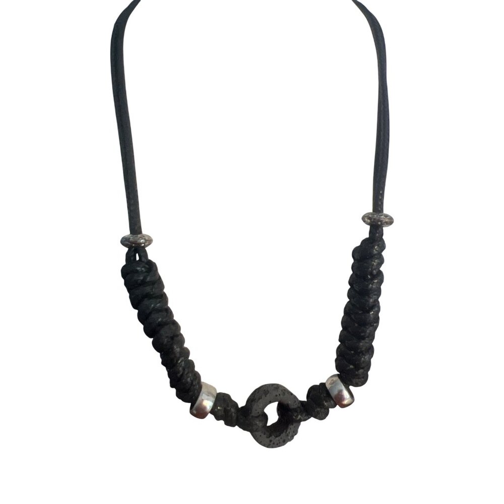 Black Braided Necklace Lava Rock Silver Tone Beads Button Clasp Unisex 19"
